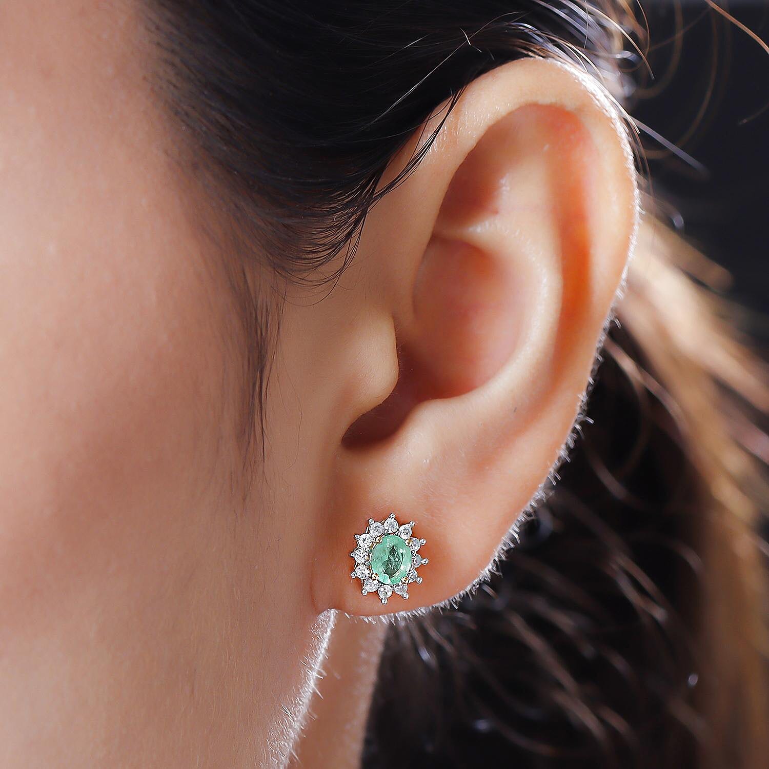 Ethiopian Emerald and Natural Cambodian Zircon Stud Earrings with Push Back in Vermeil Yellow Gold Overlay Sterling Silver 1.07 Ct.