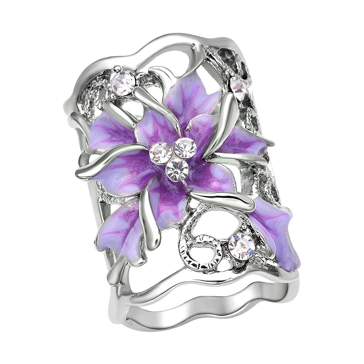 Purple and White Austrian Crystal Enamelled Scarf Ring in Silver Tone