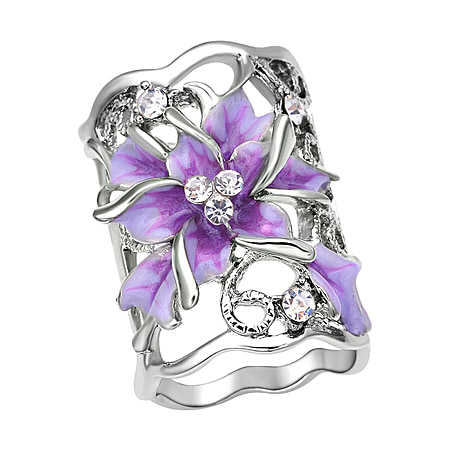 Purple and White Austrian Crystal Enamelled Scarf Ring in Silver Tone