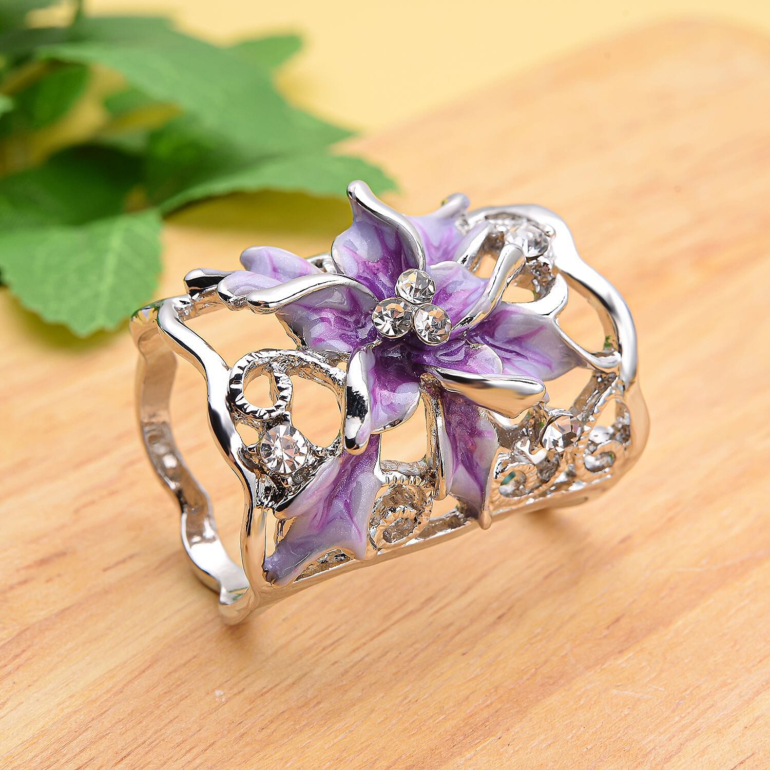 Purple and White Austrian Crystal Enamelled Scarf Ring in Silver Tone