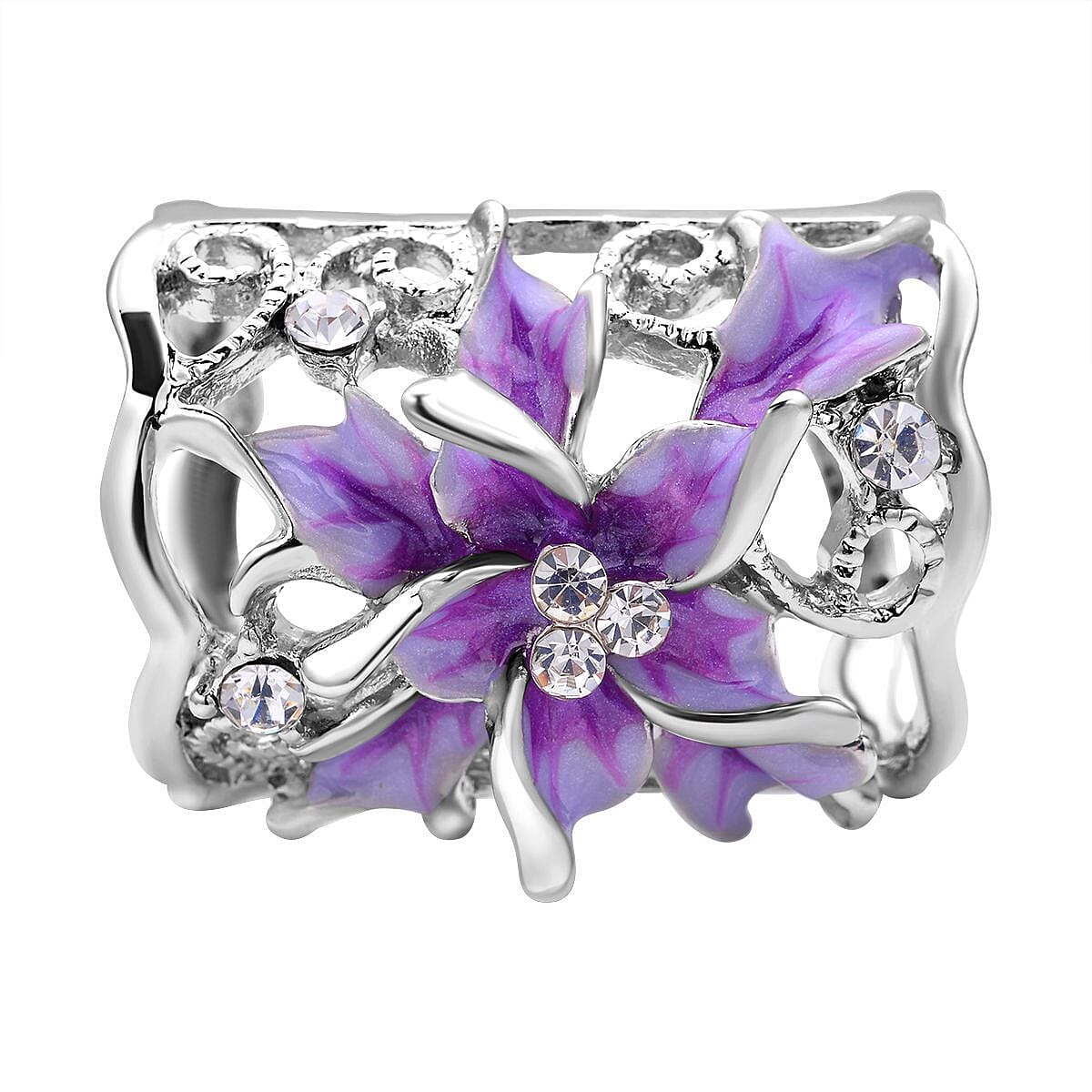 Purple and White Austrian Crystal Enamelled Scarf Ring in Silver Tone