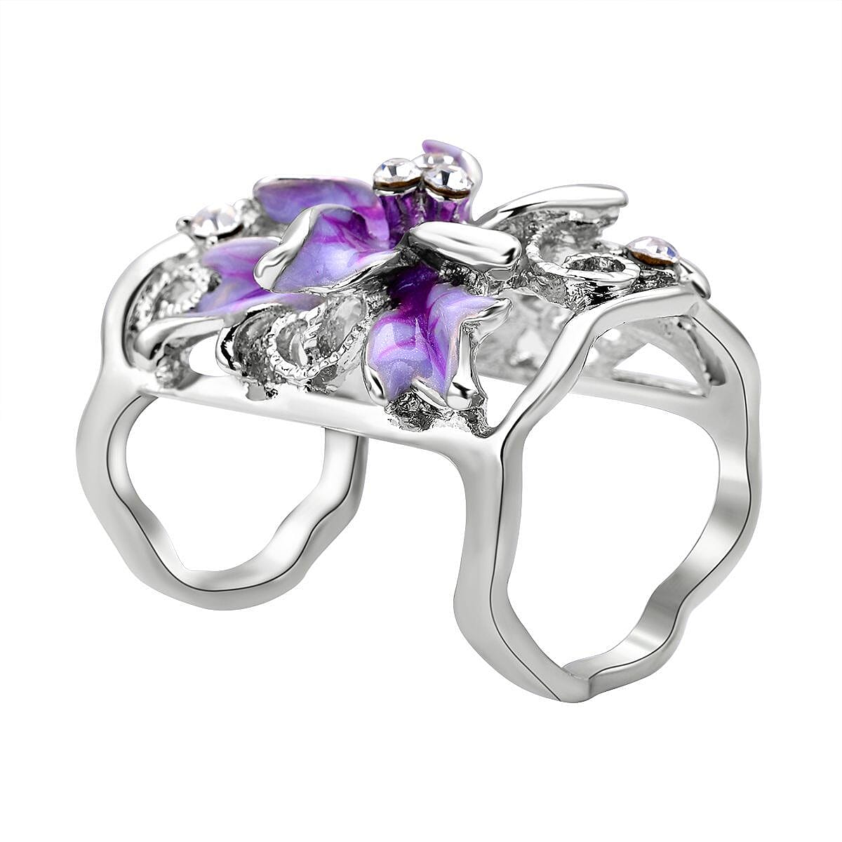 Purple and White Austrian Crystal Enamelled Scarf Ring in Silver Tone