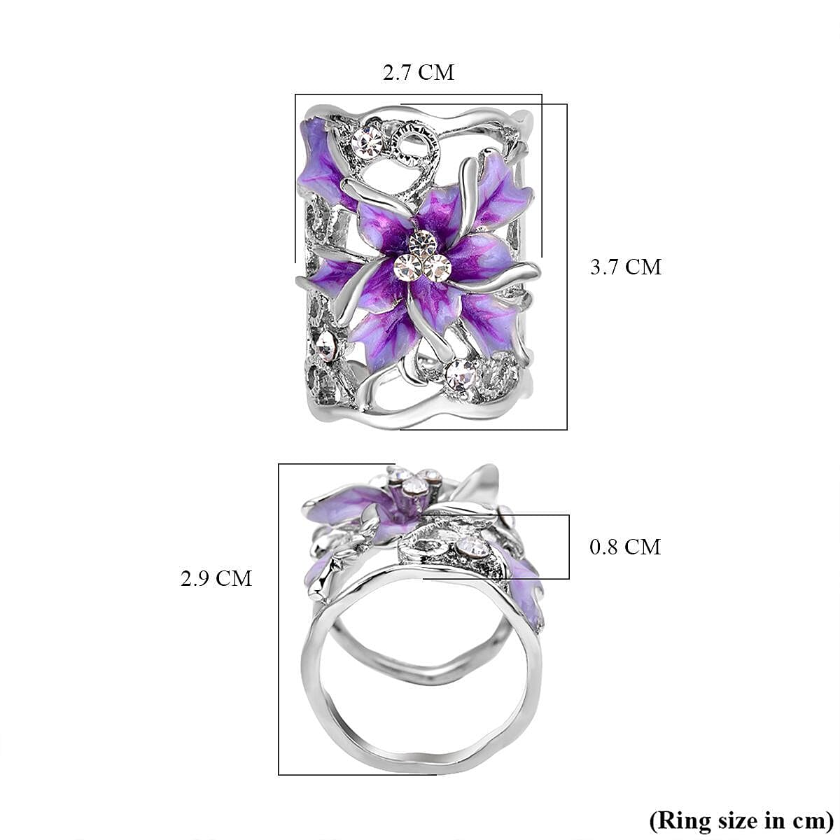 Purple and White Austrian Crystal Enamelled Scarf Ring in Silver Tone