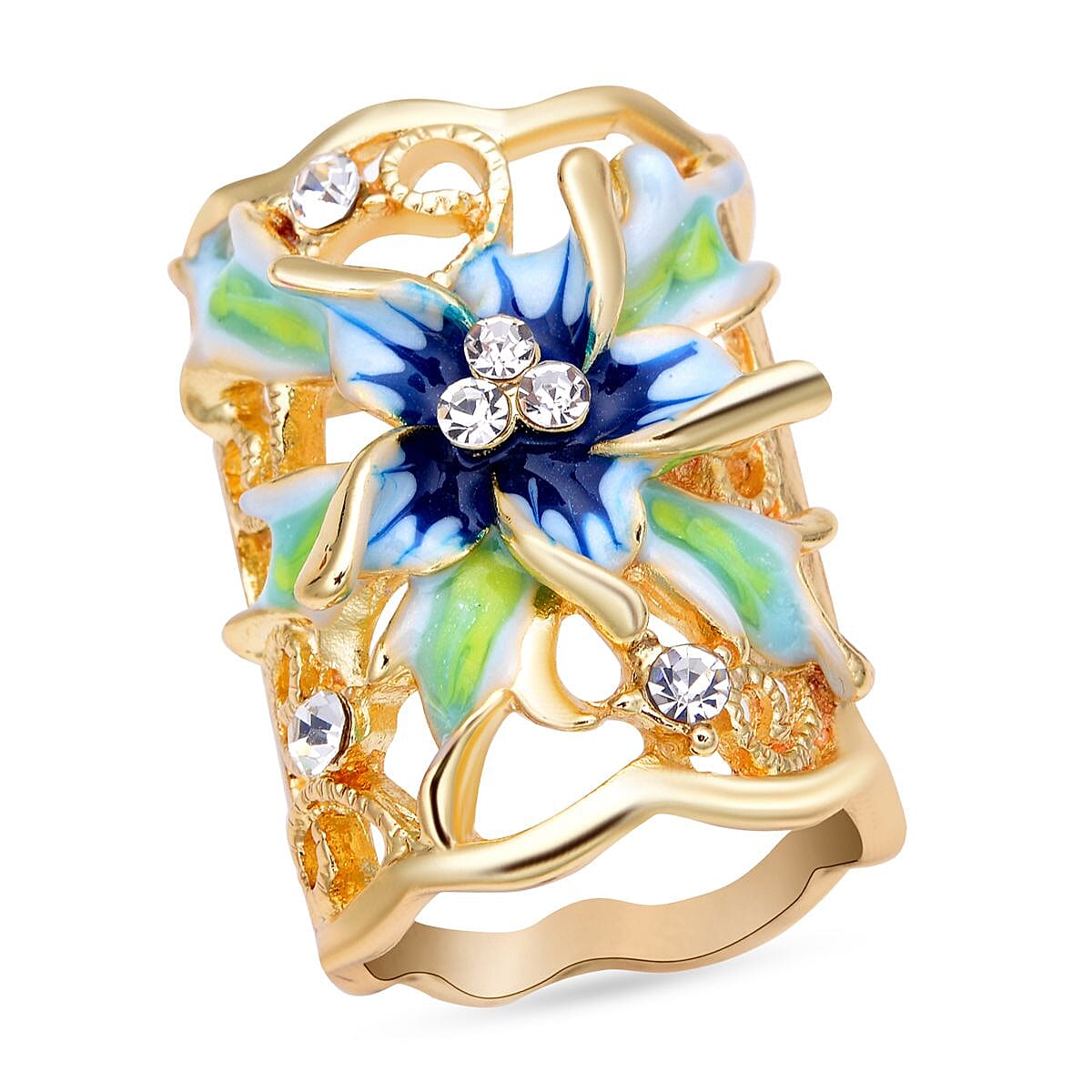 Blue and White Austrian Crystal Enamelled Scarf Ring in Gold Tone