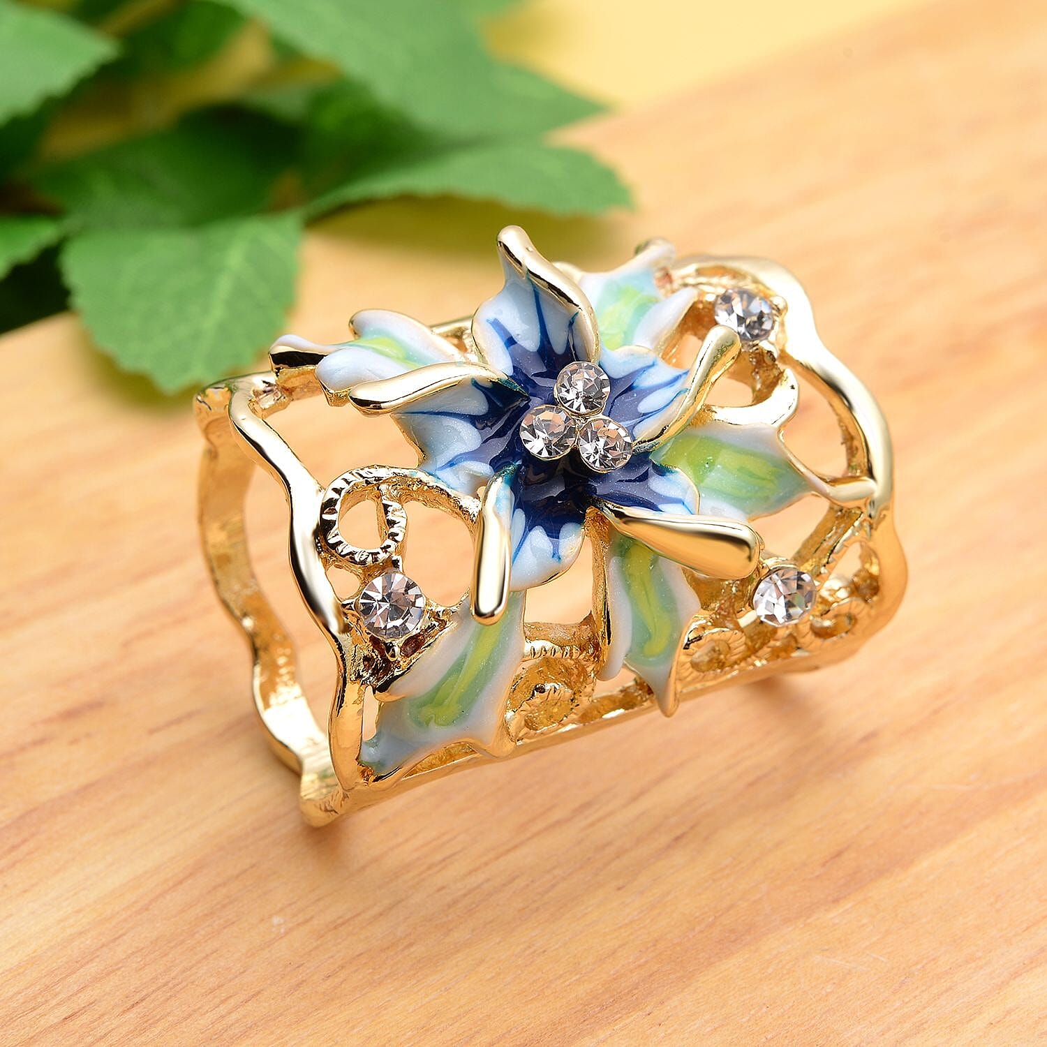 Blue and White Austrian Crystal Enamelled Scarf Ring in Gold Tone
