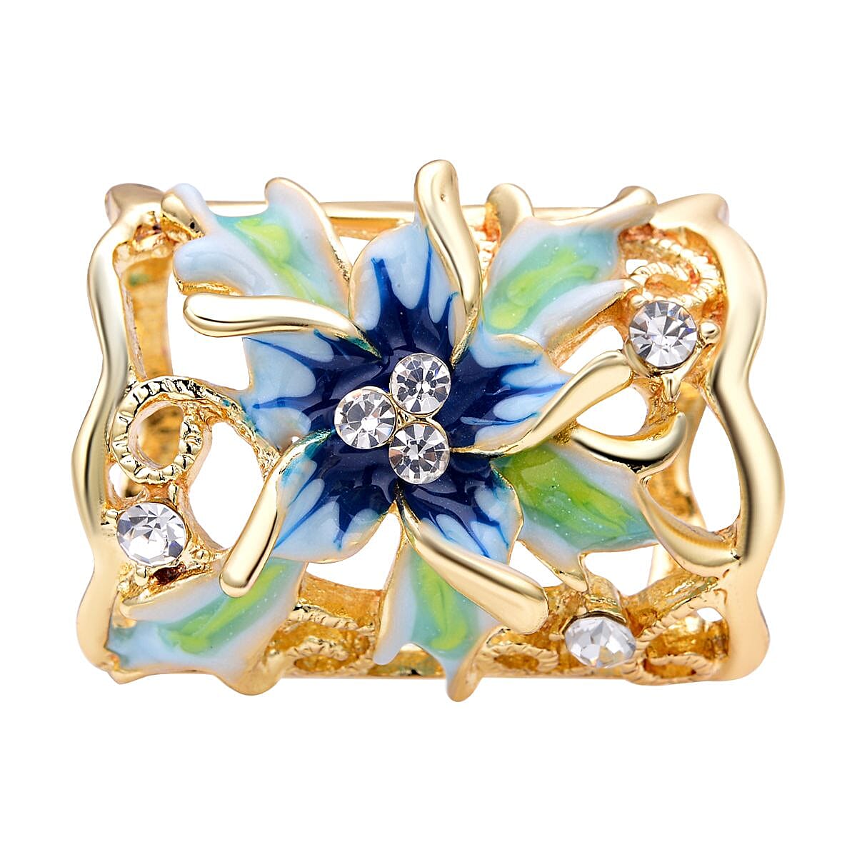 Blue and White Austrian Crystal Enamelled Scarf Ring in Gold Tone