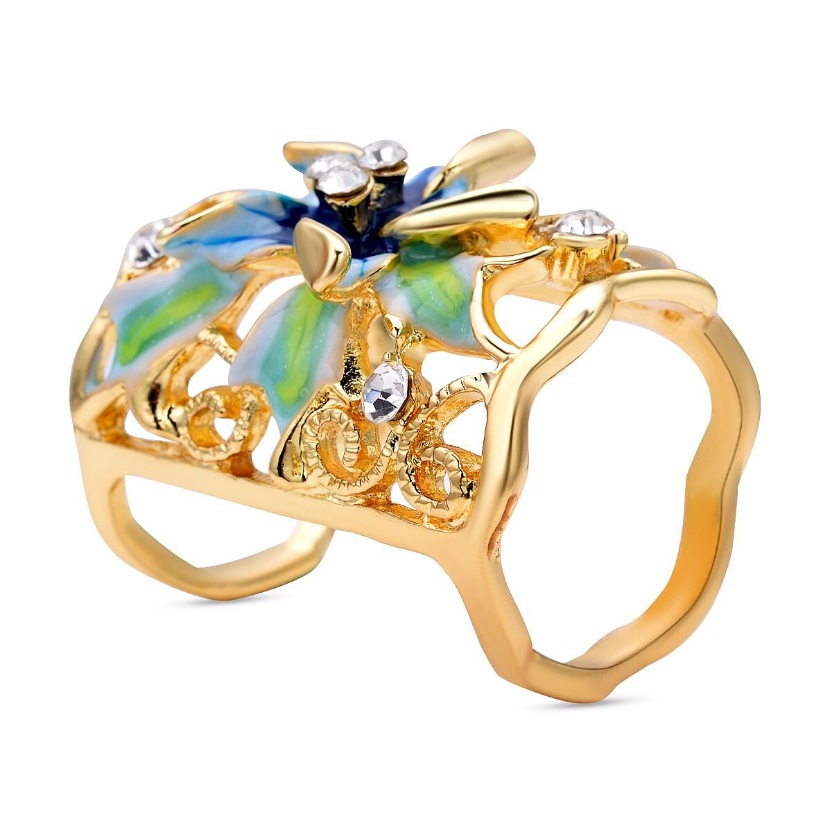Blue and White Austrian Crystal Enamelled Scarf Ring in Gold Tone