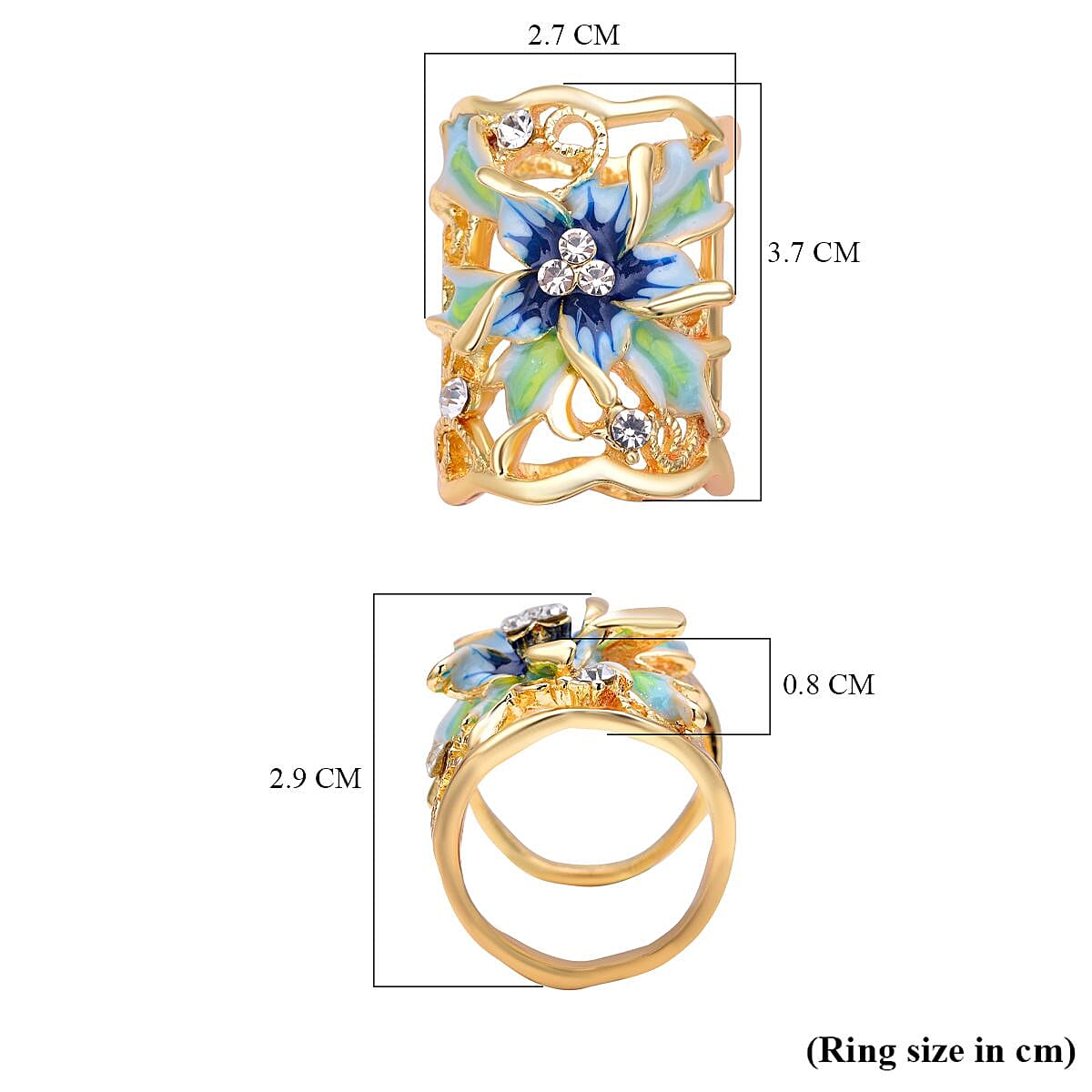 Blue and White Austrian Crystal Enamelled Scarf Ring in Gold Tone