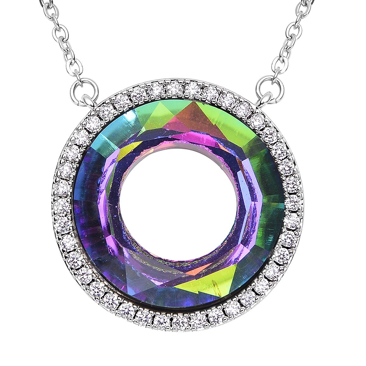 Simulated Mystic Topaz and Simulated Diamond Circle Necklace (Size - 20 with 2 Inch Extender) in Silver Tone