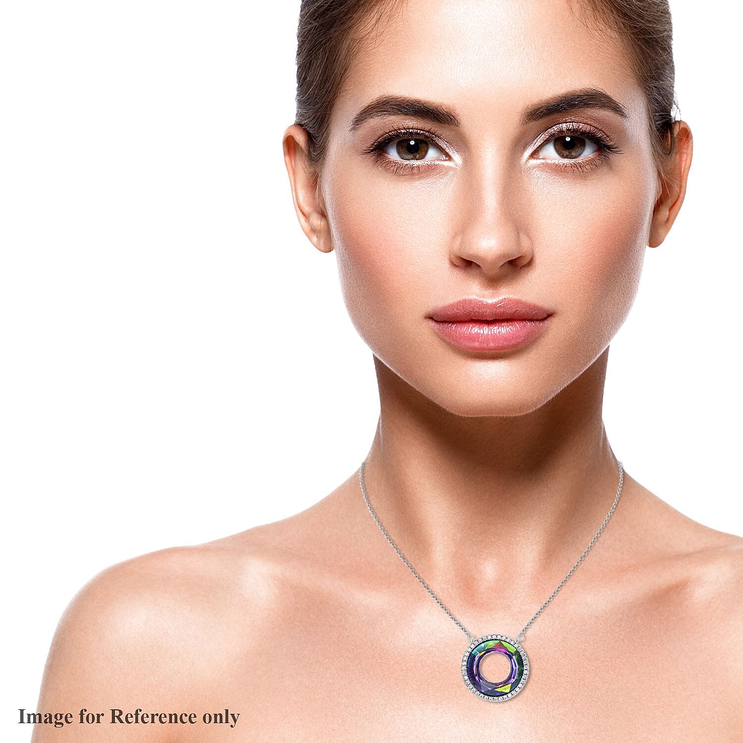 Simulated Mystic Topaz and Simulated Diamond Circle Necklace (Size - 20 with 2 Inch Extender) in Silver Tone