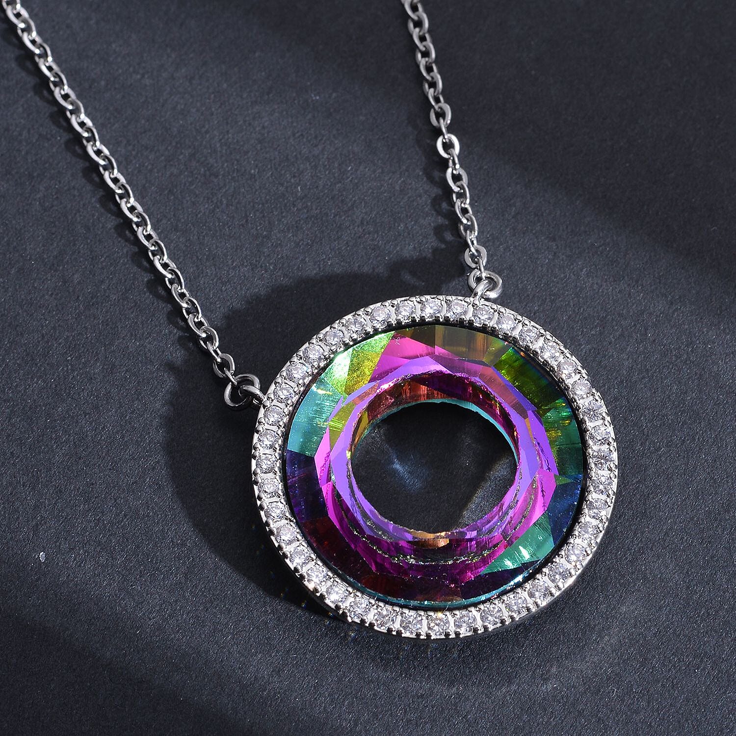 Simulated Mystic Topaz and Simulated Diamond Circle Necklace (Size - 20 with 2 Inch Extender) in Silver Tone