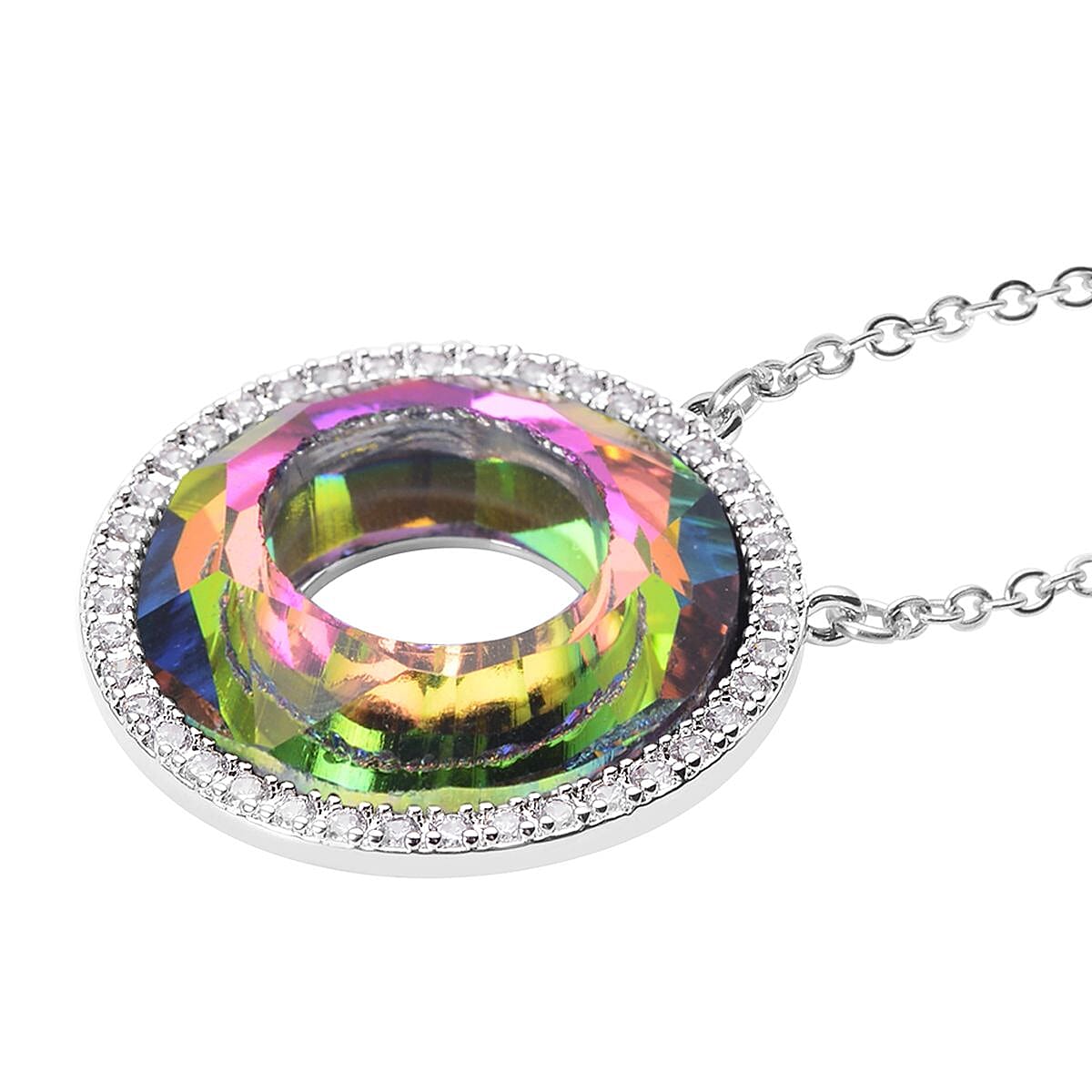 Simulated Mystic Topaz and Simulated Diamond Circle Necklace (Size - 20 with 2 Inch Extender) in Silver Tone
