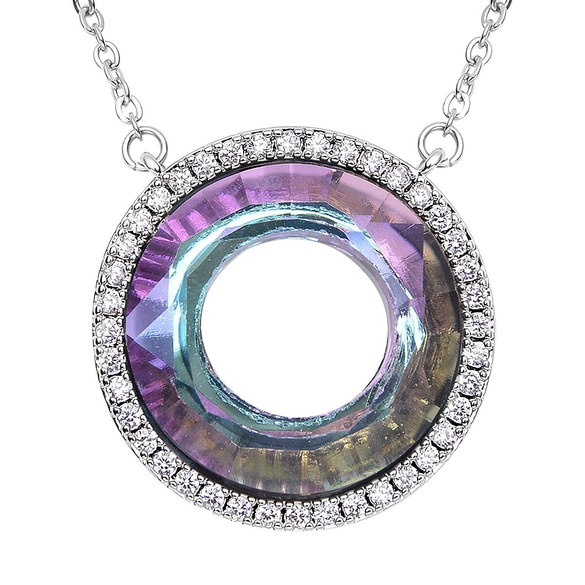 Simulated Purple AB Crystal and Simulated Diamond Circle Necklace (Size - 20 With 2 Inch Extender) in Silver Tone