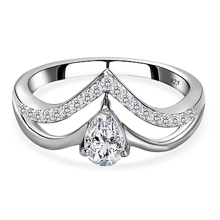 Moissanite Wishbone Ring in Sterling Silver with Platinum Plated Moissanite Wishbone Ring in Sterling Silver with Platinum Plated