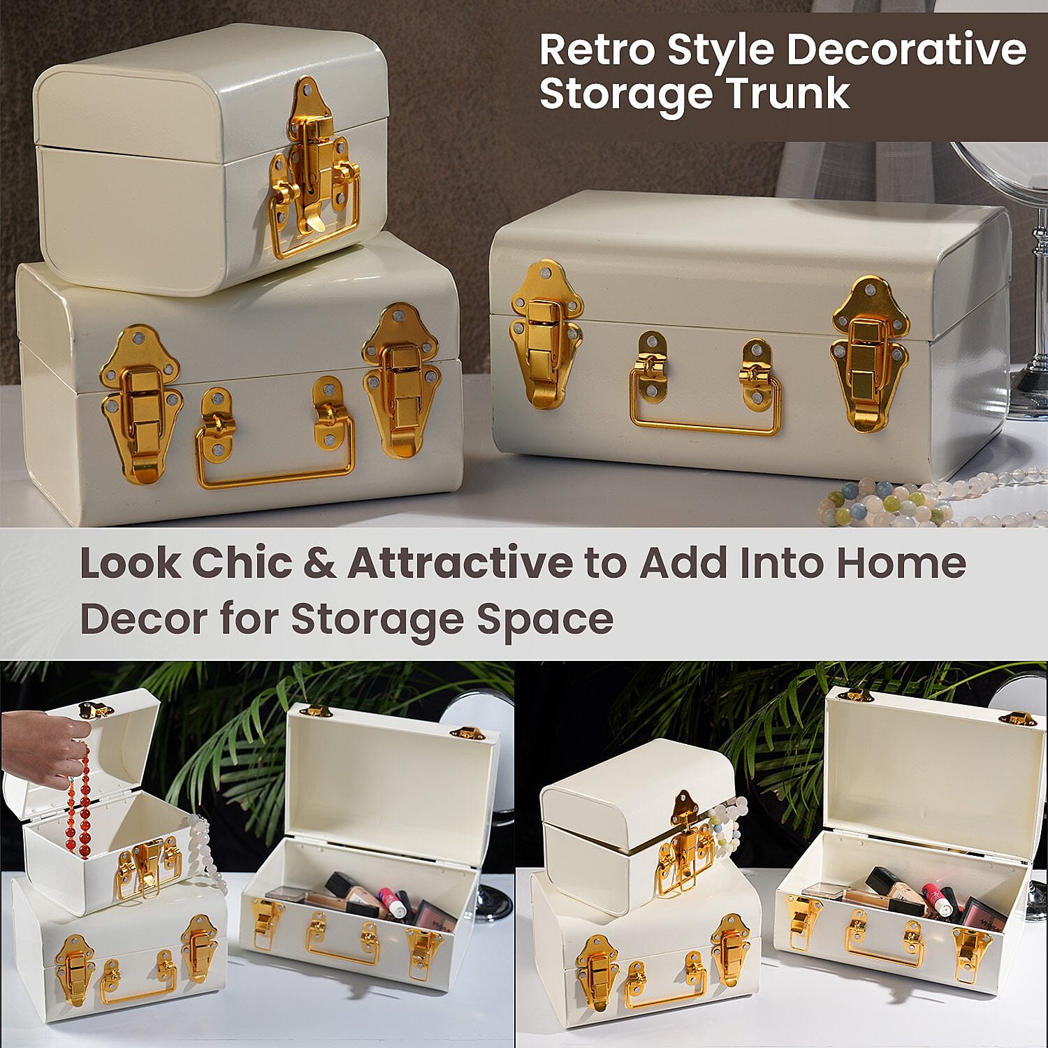 Set of 3 - Storage Trunk with Lock (Size 28x19x14 Cm, 23x16x13 Cm and 18x13x13 Cm) - White