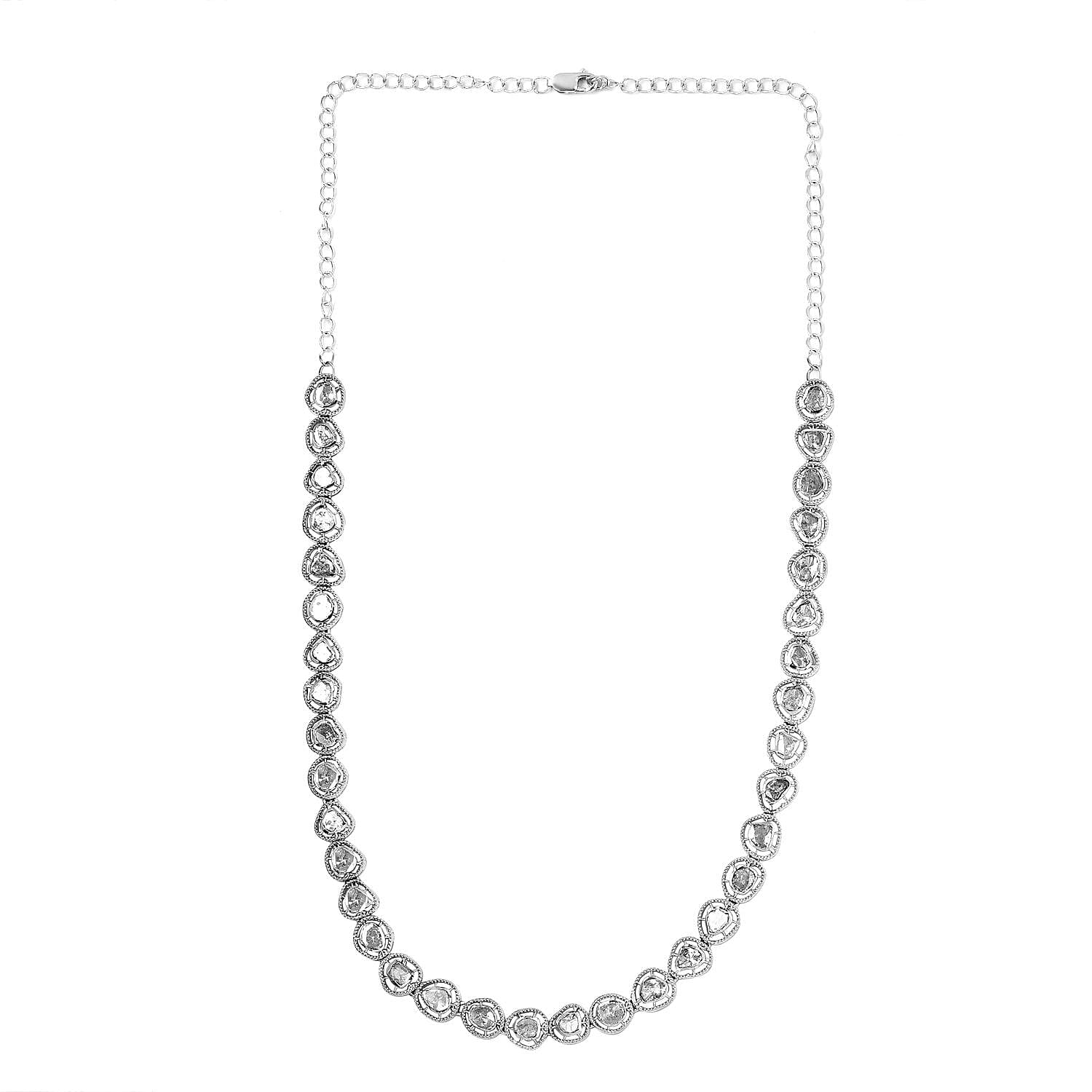 Artisan Crafted 3 Polki Carat Diamond Necklace (Size - 16 and 4 Inch Extender) in Platinum Overlay Sterling Silver 3.00 Ct, Silver Wt. 19.47 Gms