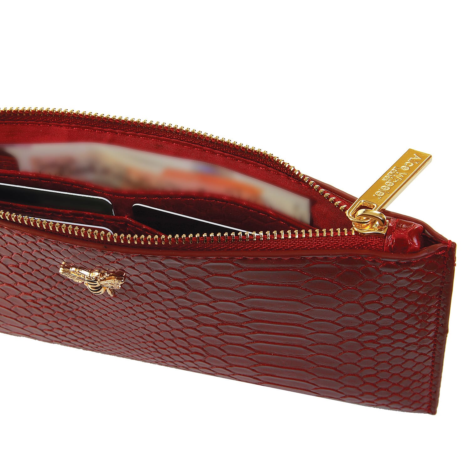 Limited Edition - ALICE WHEELER Brunel Slim Line Snake Pattern Purse (Size 21x10x1 Cm) - Cherry