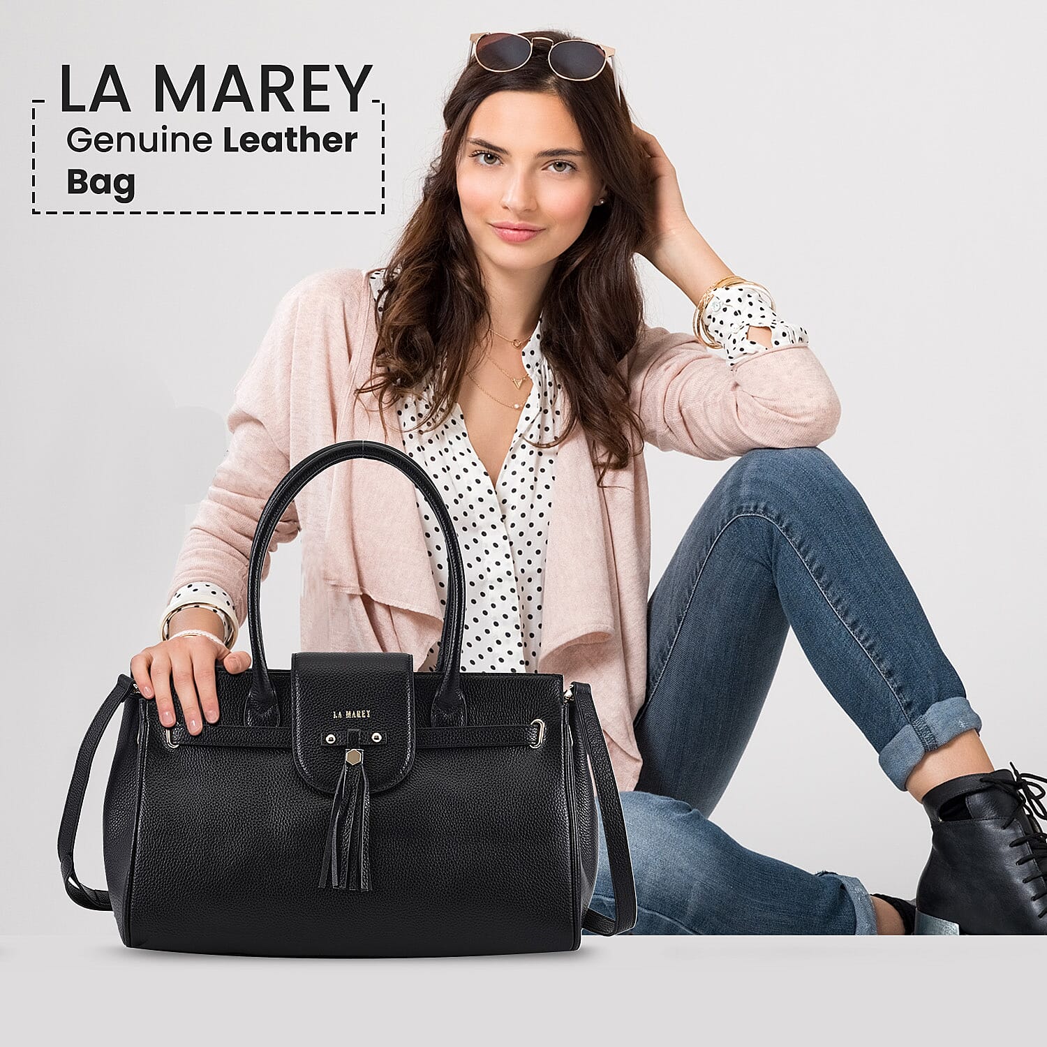 LA MAREY Genuine Leather Convertible Bag with Detachable Long Strap - Black