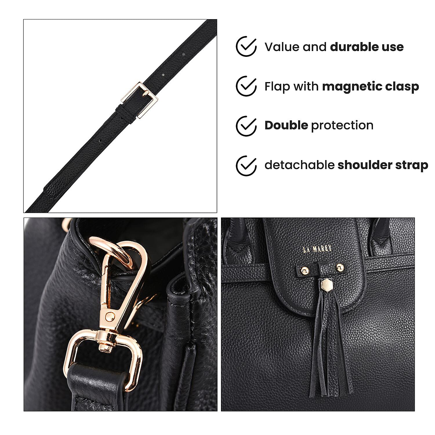 LA MAREY Genuine Leather Convertible Bag with Detachable Long Strap - Black