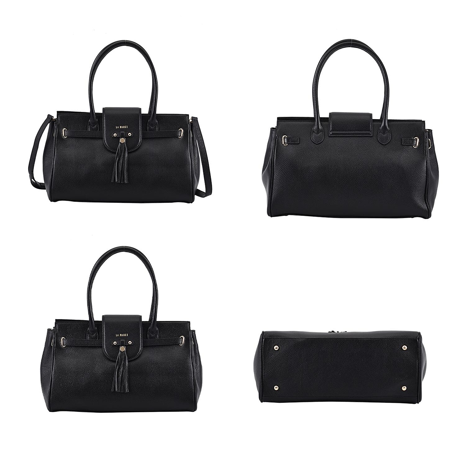 LA MAREY Genuine Leather Convertible Bag with Detachable Long Strap - Black