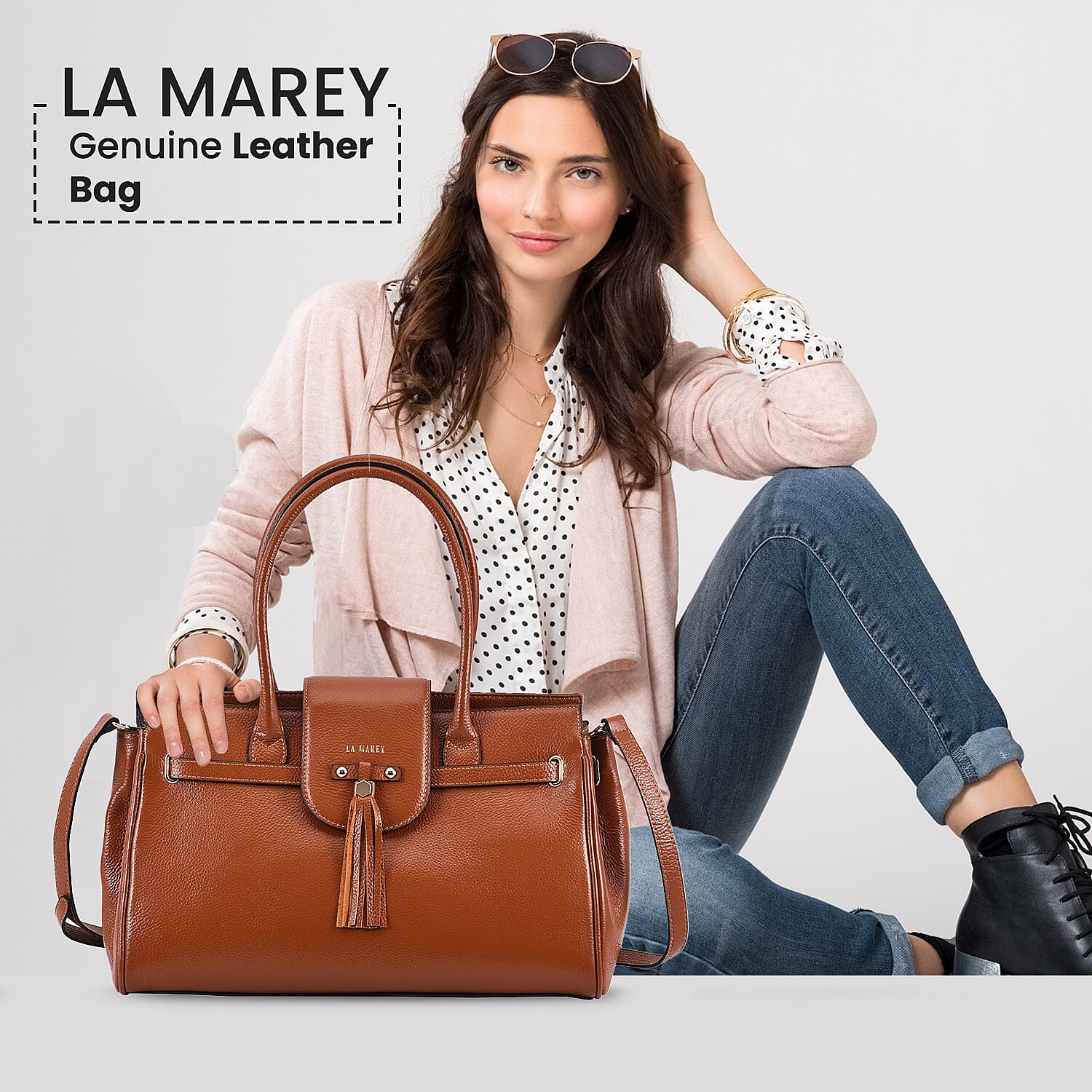 LA MAREY 100% Genuine Leather Convertible Jenny Bag with Detachable Long Strap (Size 37x24x17 Cm) -Tan