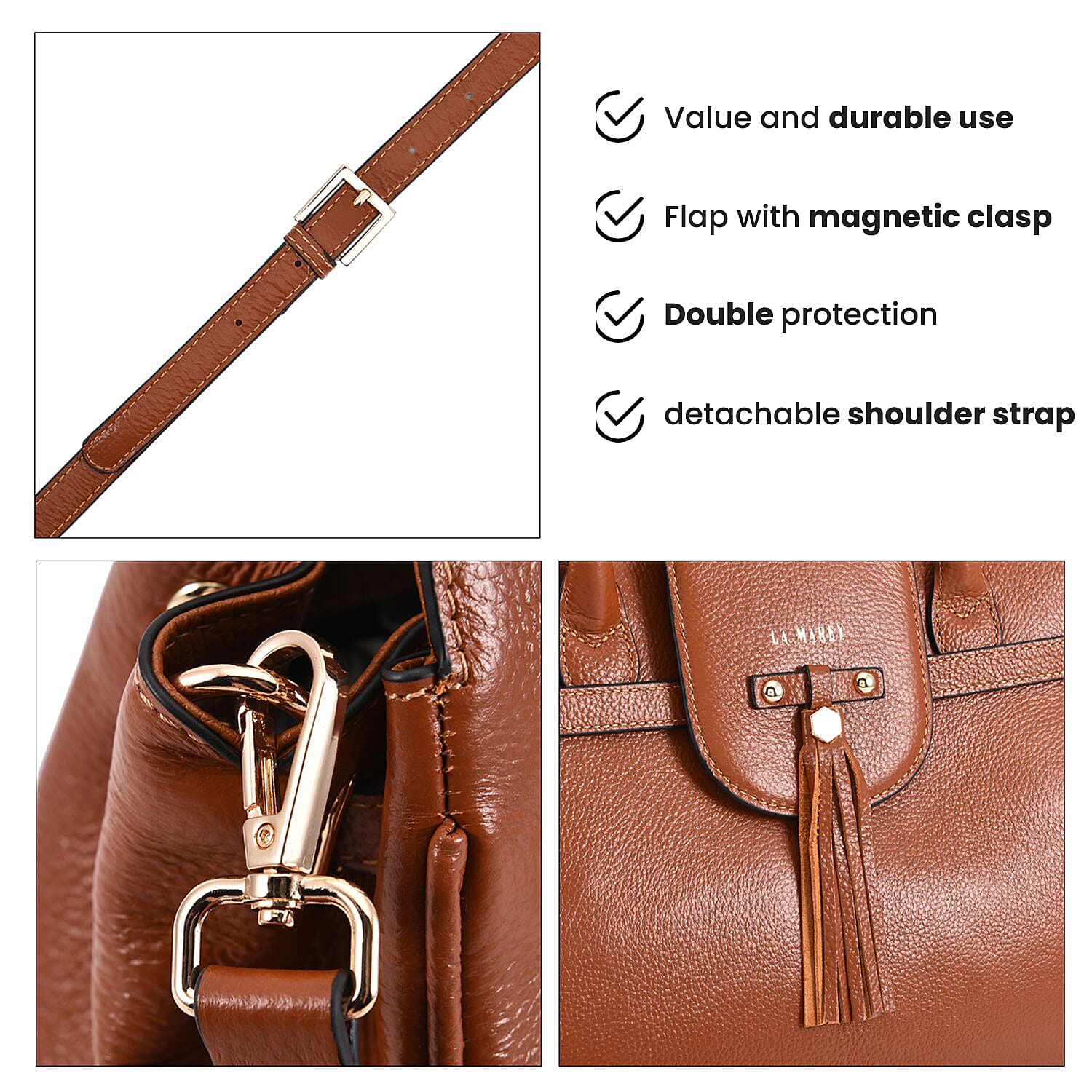 LA MAREY 100% Genuine Leather Convertible Jenny Bag with Detachable Long Strap (Size 37x24x17 Cm) -Tan