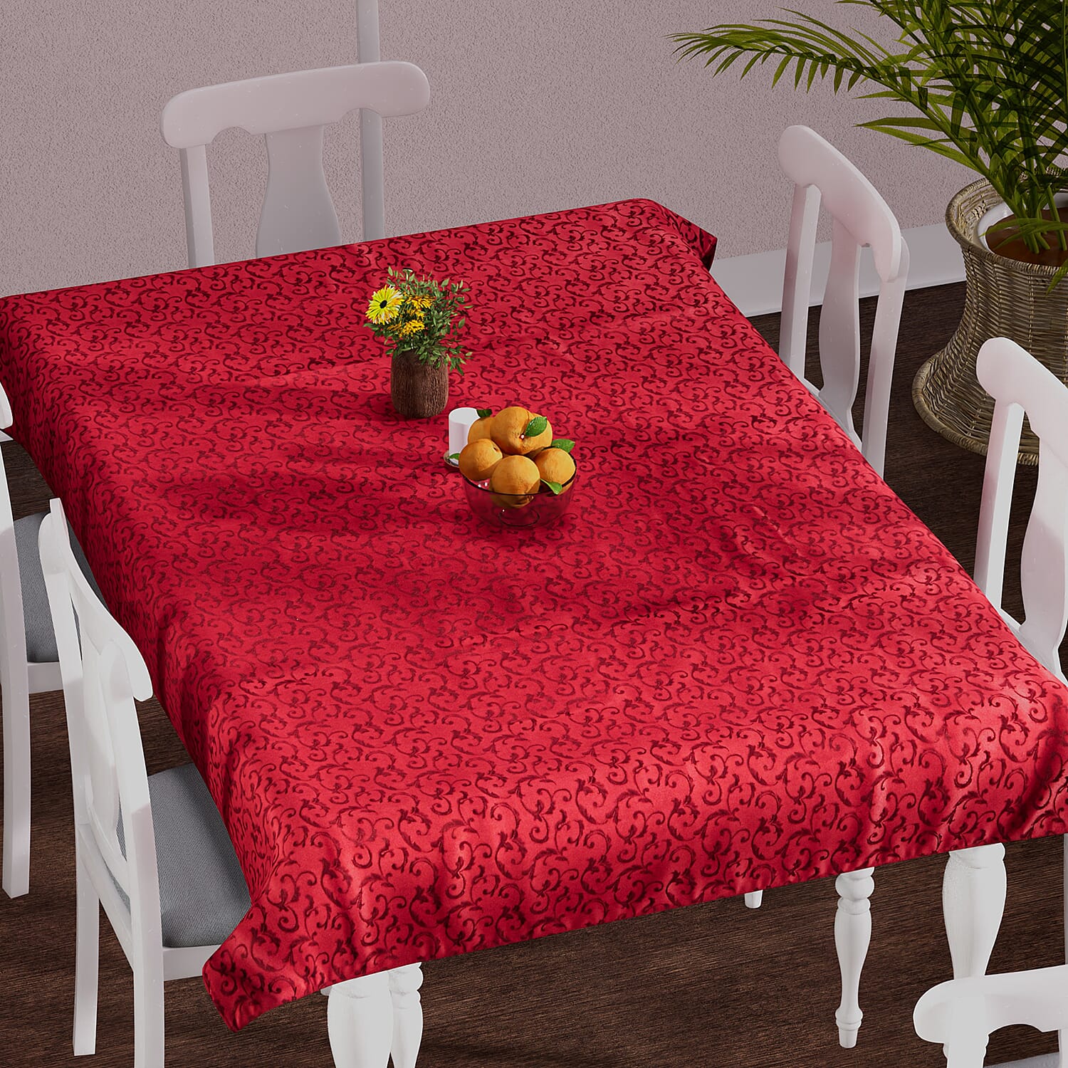 Rectangular Water Resistant Jacquard Scroll Pattern Table Cloth (Size 132x178 Cm) - Red