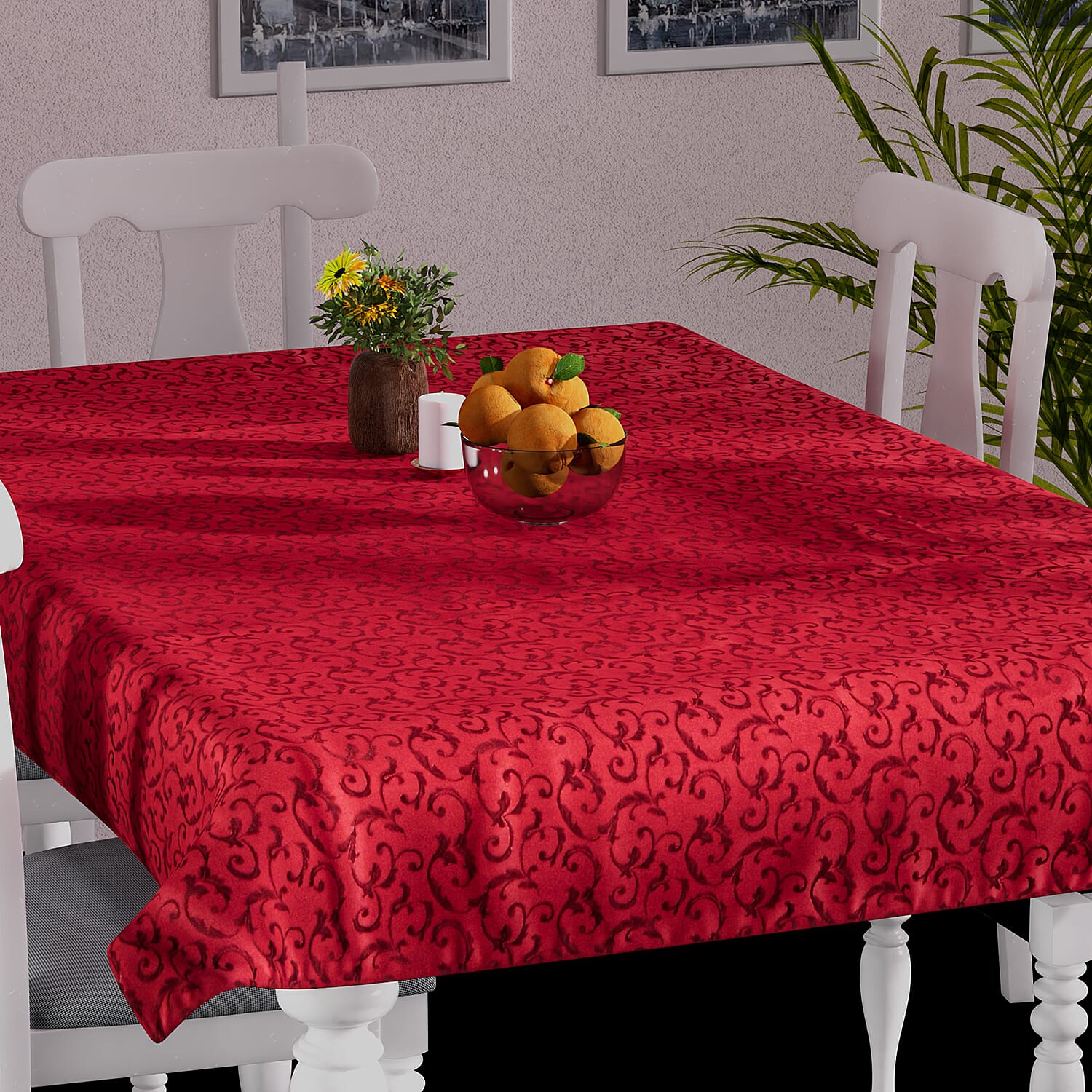 Rectangular Water Resistant Jacquard Scroll Pattern Table Cloth (Size 230x178 Cm) - Red