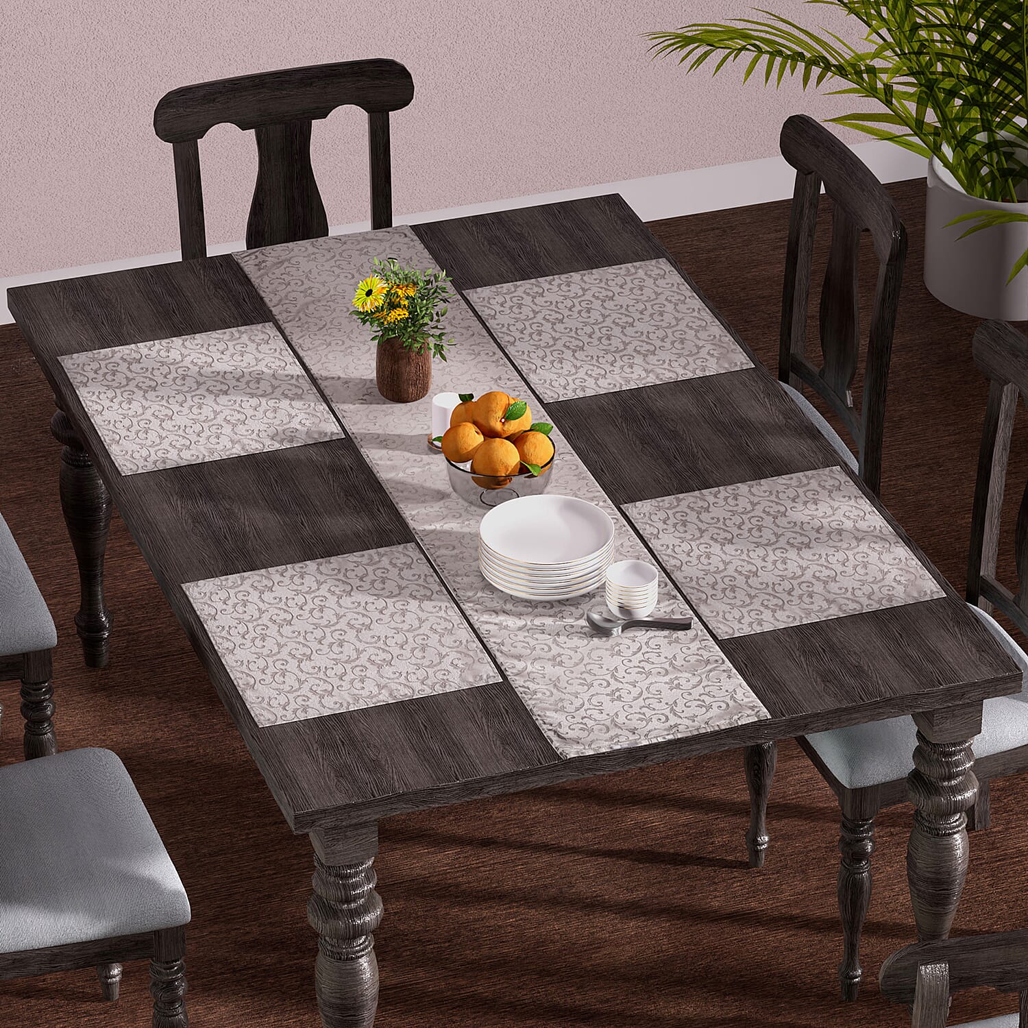 Set of 5 - Water Resistant Jacquard Scroll Pattern Table Runner (Size 180x35 Cm) and 4 Napkin Pieces (Size 40x40 Cm) - Cream