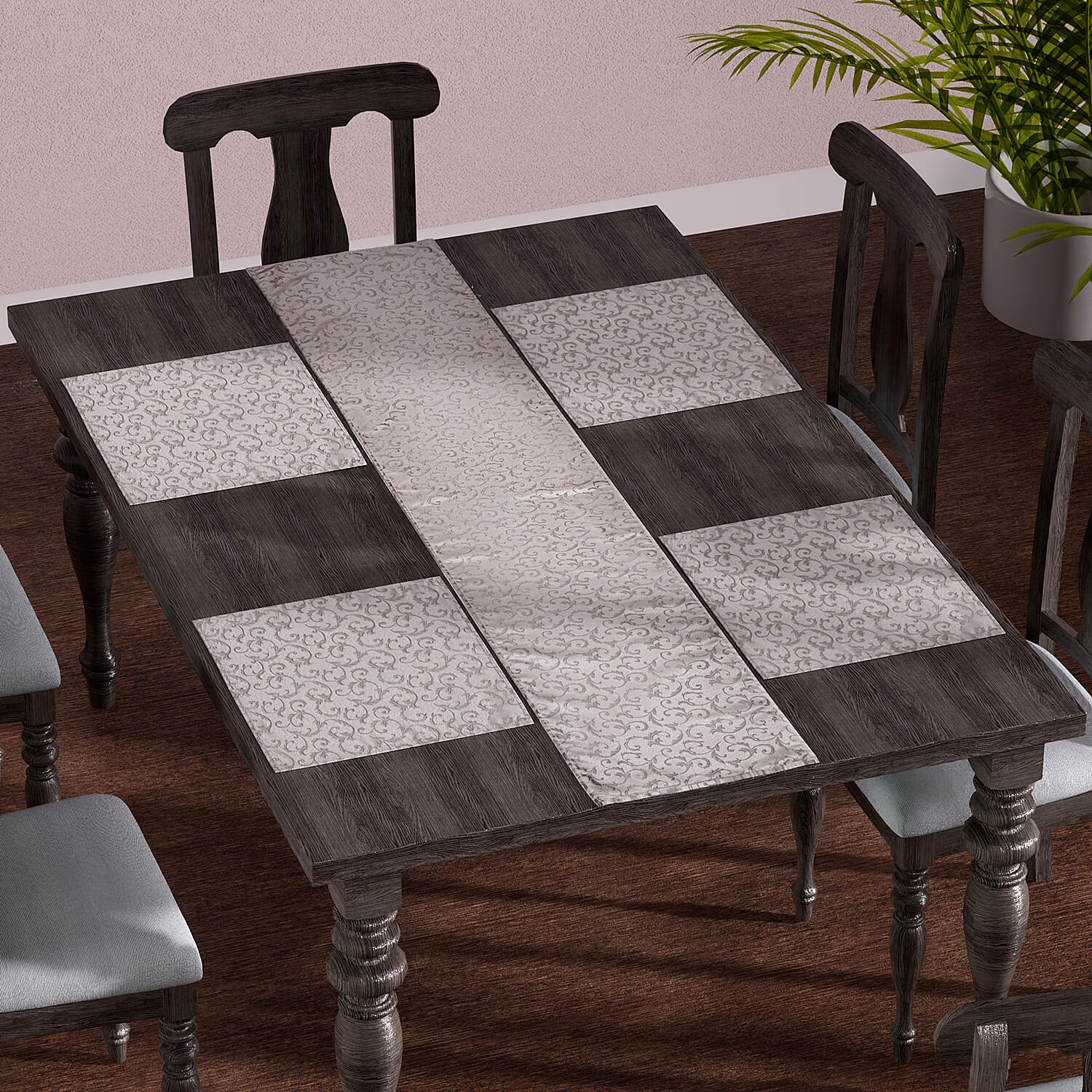 Set of 5 - Water Resistant Jacquard Scroll Pattern Table Runner (Size 180x35 Cm) and 4 Napkin Pieces (Size 40x40 Cm) - Cream