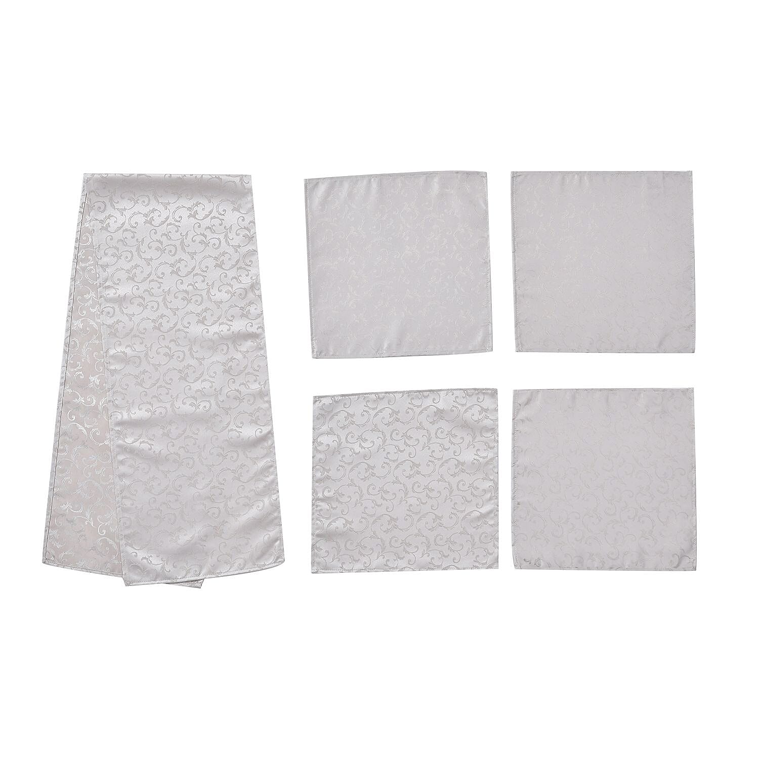 Set of 5 - Water Resistant Jacquard Scroll Pattern Table Runner (Size 180x35 Cm) and 4 Napkin Pieces (Size 40x40 Cm) - Cream