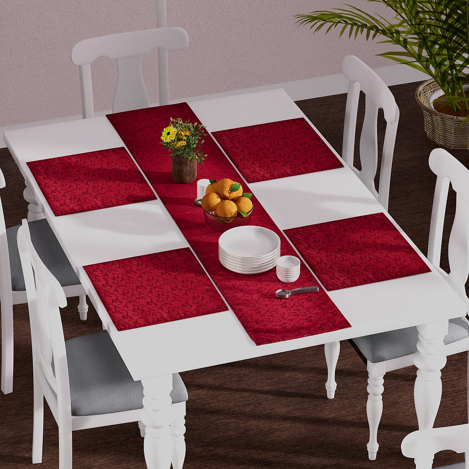 Set of 5 - Water Resistant Jacquard Scroll Pattern Table Runner (Size 180x35 Cm) and 4 Napkin Pieces (Size 40x40 Cm) - Red