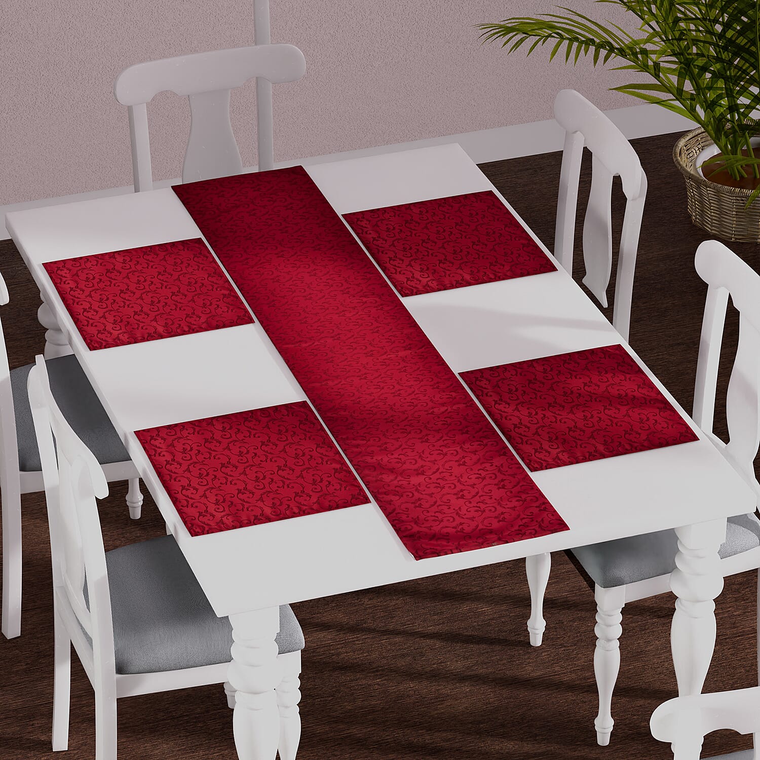 Set of 5 - Water Resistant Jacquard Scroll Pattern Table Runner (Size 180x35 Cm) and 4 Napkin Pieces (Size 40x40 Cm) - Red