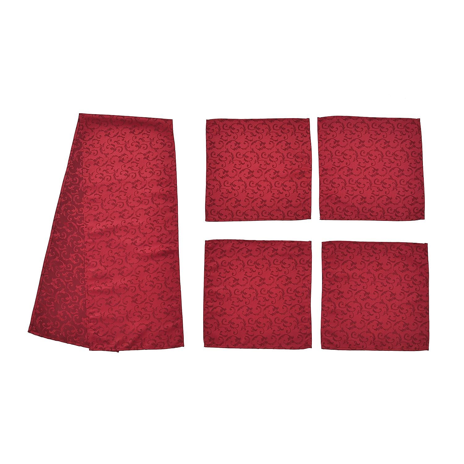 Set of 5 - Water Resistant Jacquard Scroll Pattern Table Runner (Size 180x35 Cm) and 4 Napkin Pieces (Size 40x40 Cm) - Red