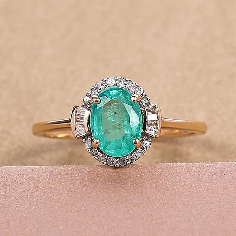9K Yellow Gold Ethiopian Emerald and Diamond Halo Ring 1.29 Ct.