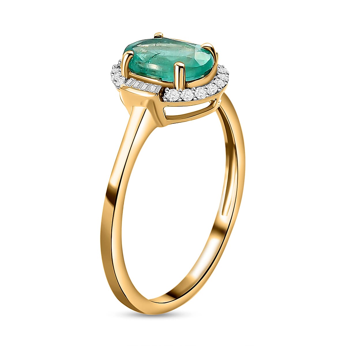 9K Yellow Gold Ethiopian Emerald and Diamond Halo Ring 1.29 Ct.