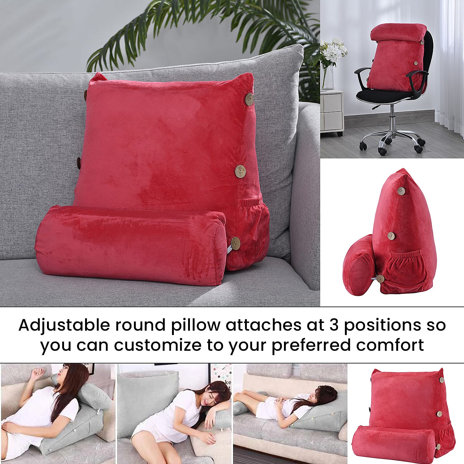 Triangle Velvet Cushion (Size 45x45x15 Cm) with Round Pillow (Size 45x15 Cm) - Fuchsia