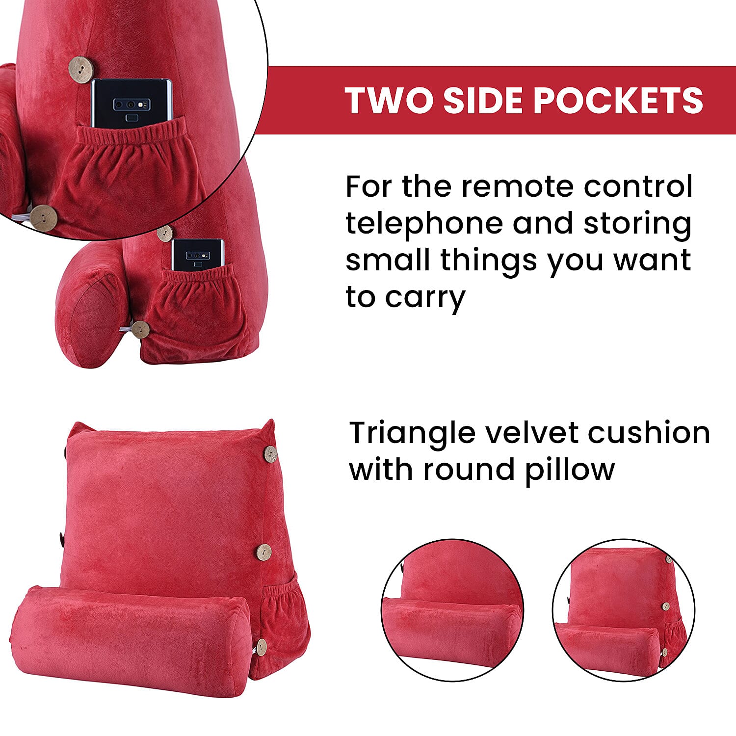 Triangle Velvet Cushion (Size 45x45x15 Cm) with Round Pillow (Size 45x15 Cm) - Fuchsia