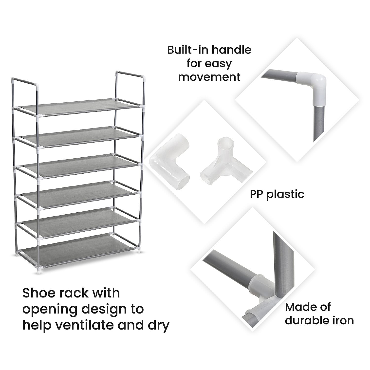 Homesmart Multipurpose 6 Layer Shoe Rack (Size 100x65x29 Cm) - Grey