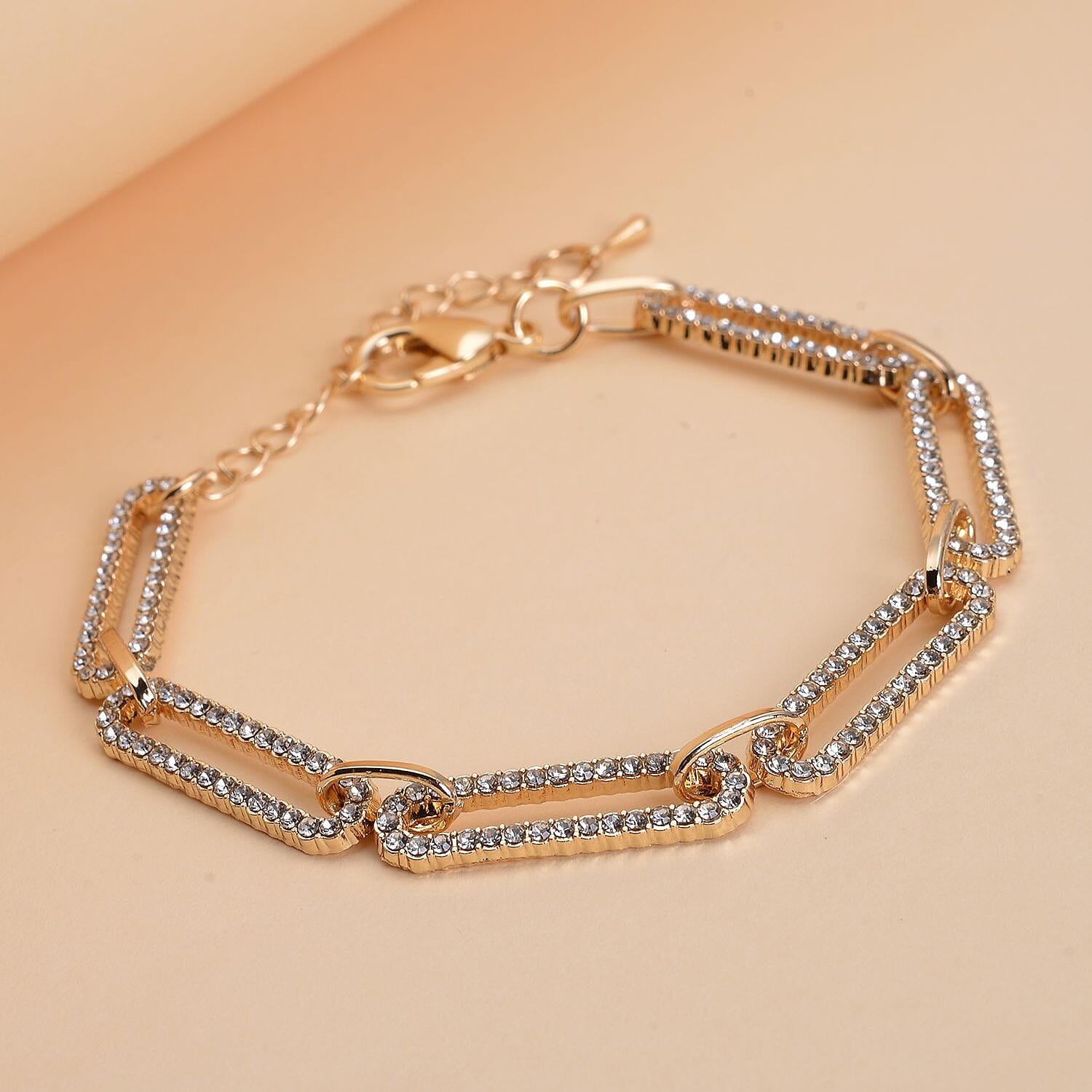 Jumbo Jubilee Deal - White Austrian Crystal Paperclip Bracelet (Size - 7.5 With 2 Inch Extender) in Yellow Gold Tone