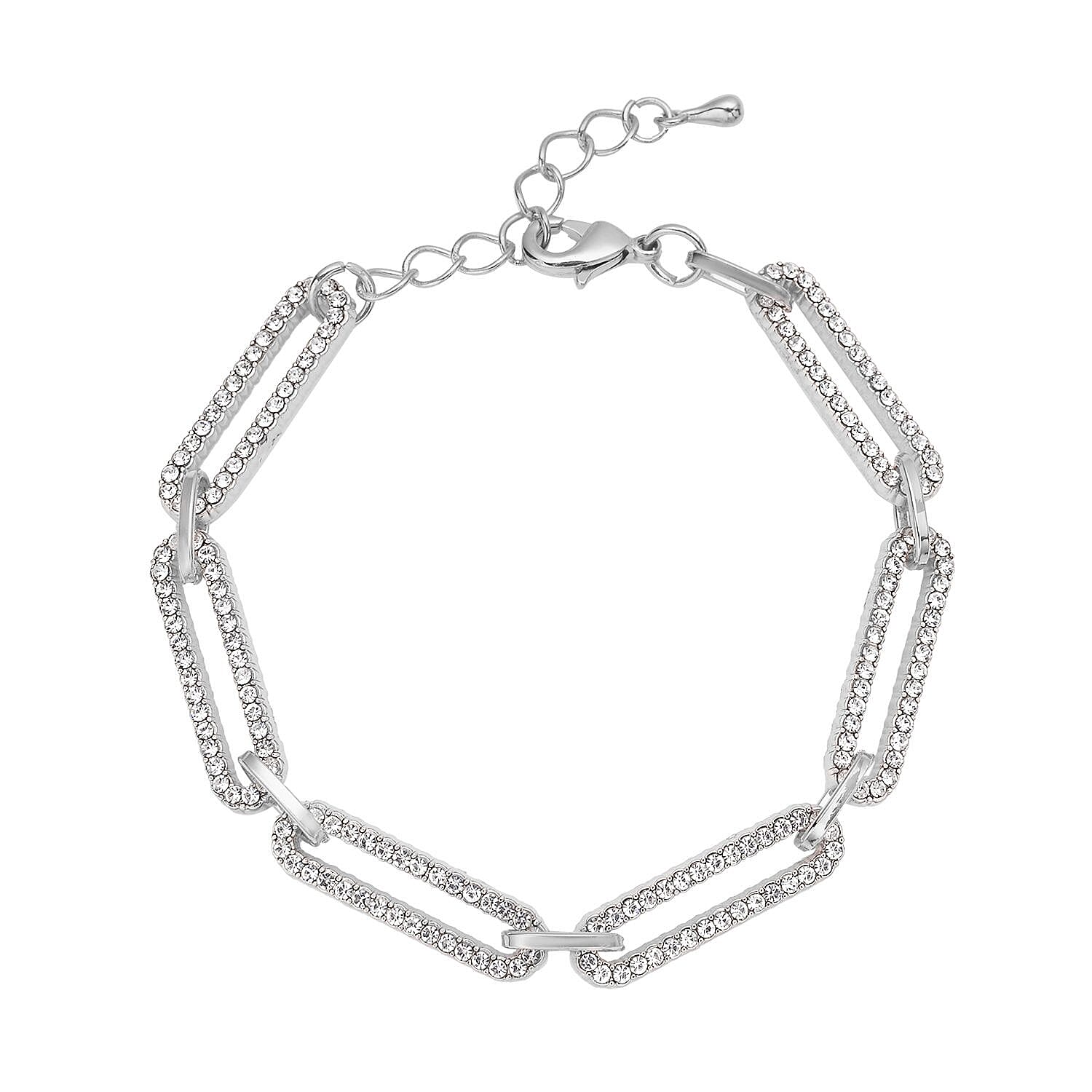 Jumbo Jubilee Deal - White Austrian Crystal Paperclip Bracelet (Size - 7.5 With 1.5 Inch Extender) in Silver Tone