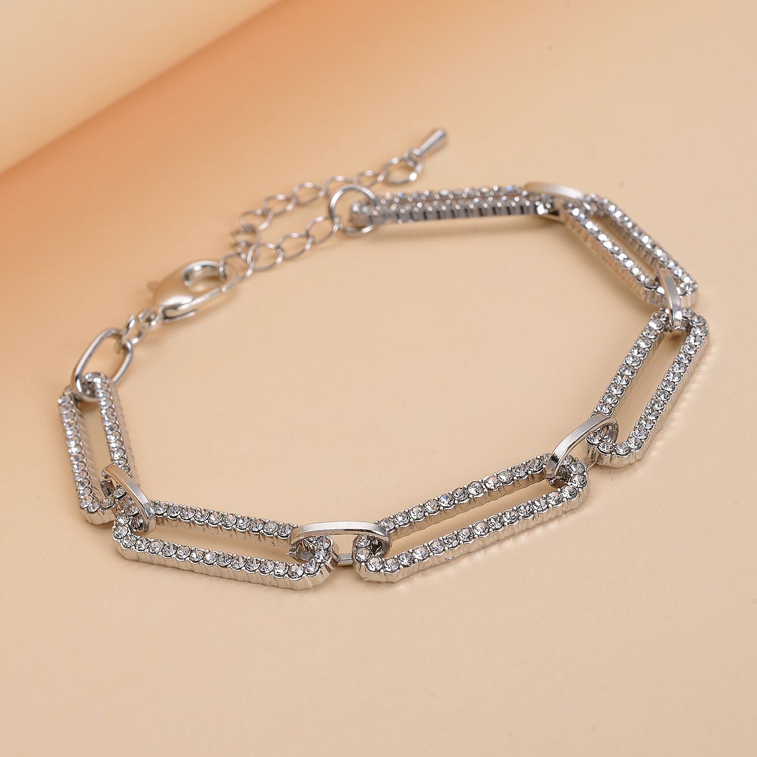 Jumbo Jubilee Deal - White Austrian Crystal Paperclip Bracelet (Size - 7.5 With 1.5 Inch Extender) in Silver Tone