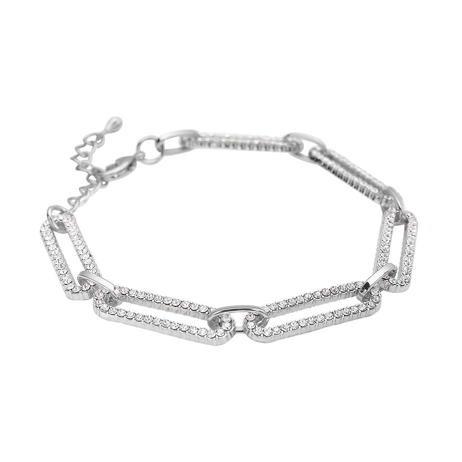 Jumbo Jubilee Deal - White Austrian Crystal Paperclip Bracelet (Size - 7.5 With 1.5 Inch Extender) in Silver Tone