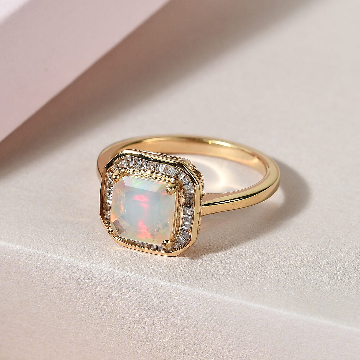 Asscher Cut Ethiopian Welo Opal and Diamond Halo Ring in 14K Gold Overlay Sterling Silver 1.15 Ct.
