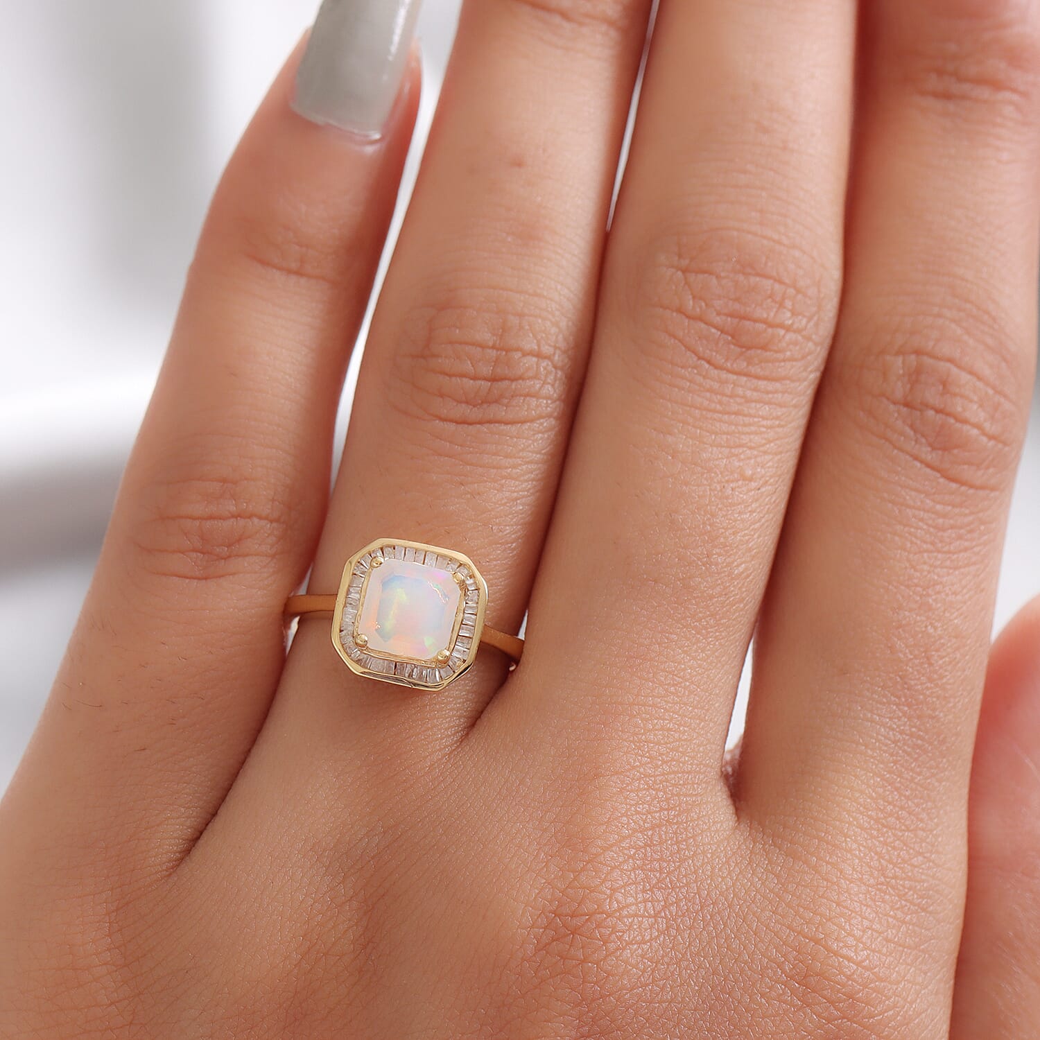Asscher Cut Ethiopian Welo Opal and Diamond Halo Ring in 14K Gold Overlay Sterling Silver 1.15 Ct.