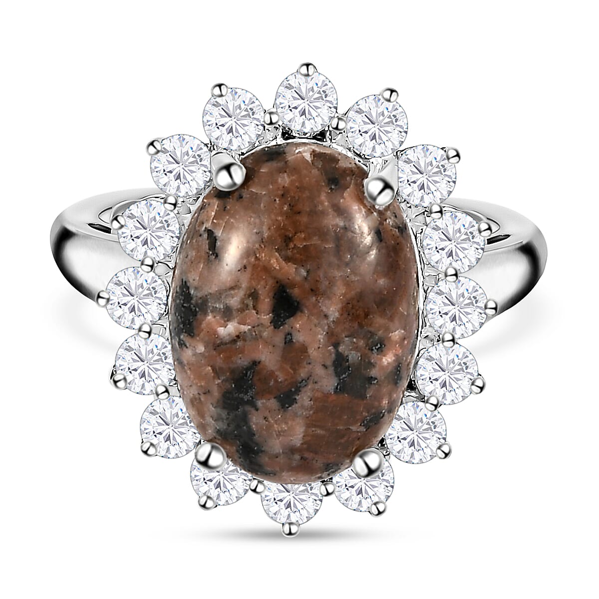 Yooperlite and Natural Cambodian Zircon Ring in Platinum Overlay Sterling Silver 7.30 Ct. Yooperlite and Natural Cambodian Zircon Ring in Platinum Overlay Sterling Silver 7.30 Ct.