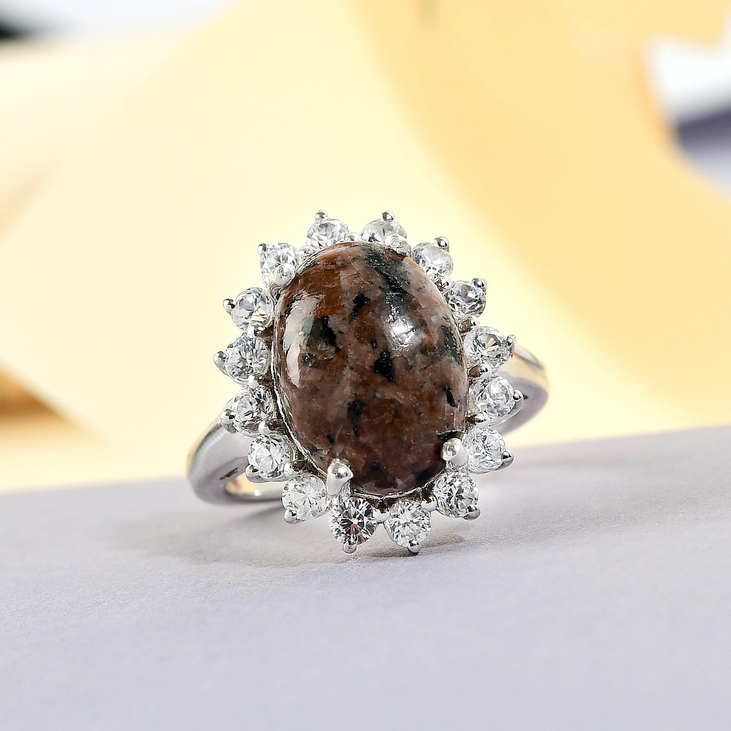 Yooperlite and Natural Cambodian Zircon Ring in Platinum Overlay Sterling Silver 7.30 Ct. Yooperlite and Natural Cambodian Zircon Ring in Platinum Overlay Sterling Silver 7.30 Ct.