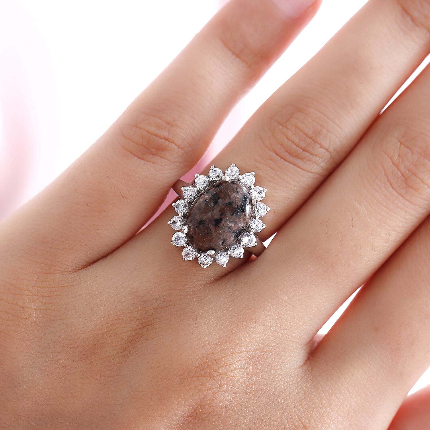 Yooperlite and Natural Cambodian Zircon Ring in Platinum Overlay Sterling Silver 7.30 Ct. Yooperlite and Natural Cambodian Zircon Ring in Platinum Overlay Sterling Silver 7.30 Ct.