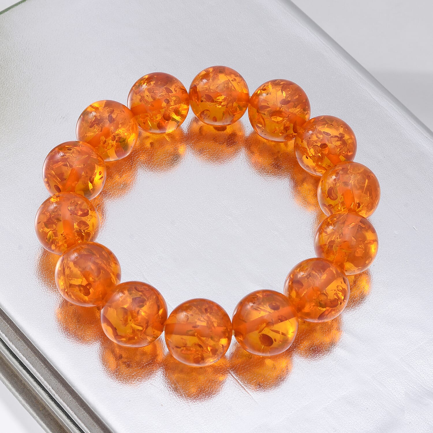 AAAA Natural Baltic Amber 14mm AIG Certified Stretchable Bracelet (Size 7.5) 124.46 Cts.
