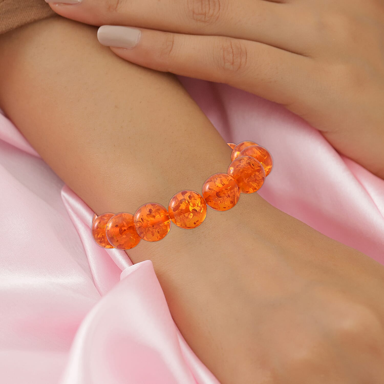 AAAA Natural Baltic Amber 14mm AIG Certified Stretchable Bracelet (Size 7.5) 124.46 Cts.